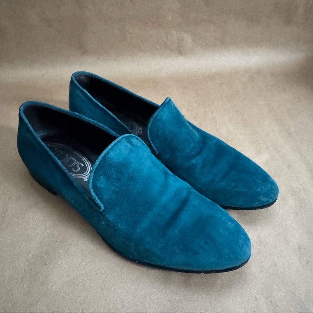 Tods Teal Suede Loafers. Size IT 36.5/US 6.5